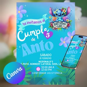 Invitation Card / Tarjeta de Cumpleaños Niña Colorida Arcoiris Stitch Disney SPANISH Editable.