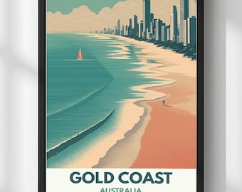 Gold Coast Australia Travel Poster, Retro Skyline Print