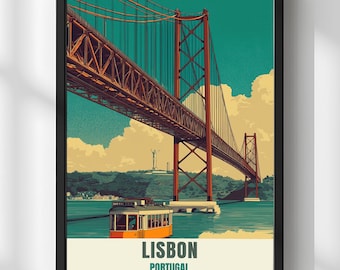 Lisbon Travel Poster, Bridge and Tram Art, Portugal City Decor