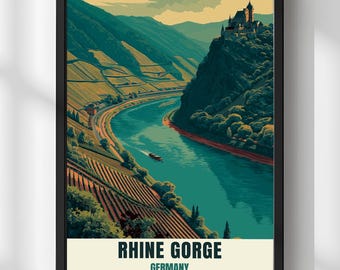 Rhine Gorge Germany Poster, Rhine Gorge Germany Wall Art Print, Rhine Valley Travel Poster Decor, Germany Wine Region Wall Art Gift