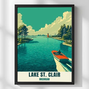 May include: A framed art print featuring a vintage-style illustration of Lake St. Clair in Michigan. The artwork depicts a red motorboat on turquoise water, a red lighthouse, and a teal sky with clouds. The text "LAKE ST. CLAIR MICHIGAN" is at the bottom.