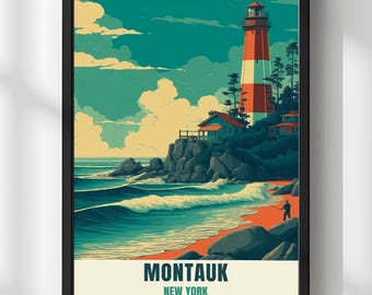 Montauk New York Poster, Montauk New York Wall Art Print, Montauk Lighthouse Travel Poster Decor, Long Island Coastal Wall Art Gift