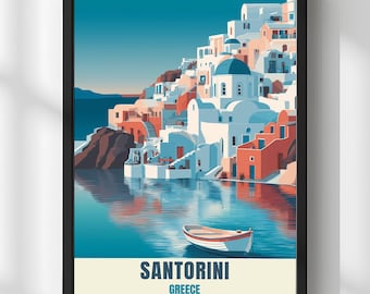 Puede incluir: Impresión artística enmarcada con una ilustración estilizada de Santorini, Grecia. La obra muestra edificios blancos con cúpulas azules y detalles rojos en la costa, con un pequeño barco en el agua. El texto "SANTORINI GREECE" está en la parte inferior.