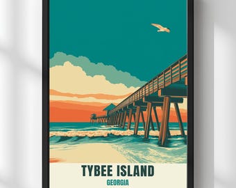 Póster de Tybee Island, Georgia, impresión artística de pared de Tybee Island, póster de viaje de Tybee Island, regalo de arte mural de muelle de playa, decoración costera para el hogar
