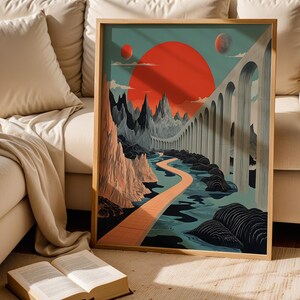 Surreal Retro-Futuristic Landscape Art Print - Dreamlike Sci-Fi Roadway Poster - Cosmic Sunscape & Mystical Mountains - Printable Wall Art