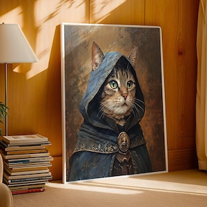 Surreal Fantasy Cat Art Print - Mystical Hooded Cat Illustration - Medieval Inspired Animal Artwork - Printable Gothic Wall Art Decor