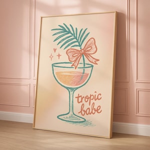 Tropic Babe Cocktail Print – Coral Peach & Teal Scribble Style – Girly Bar Cart or Beach House Decor – Printable Digital Wall Art