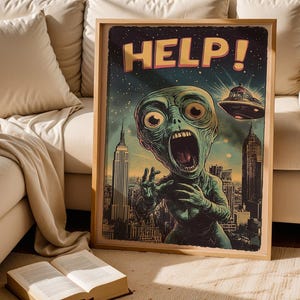 Alien invasion wall art vintage sci fi horror poster retro extraterrestrial artwork space decor printable instant download ufo print
