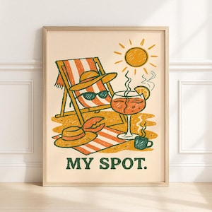 Mój Spot Beach Chair Wall Print – Retro Scribble Summer Lounge Scene – Coastal Bar Cart Beach House Decor – Plik cyfrowej sztuki ściennej do wydrukowania