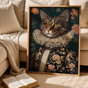 Whimsical Royal Cat Art Print - Renaissance-Inspired Cat Portrait - Ornate Floral Baroque Animal Decor - Printable Vintage Digital Poster