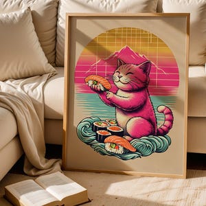 Vaporwave Kawaii Cat Art Sushi Scene - Pastel Anime Aesthetic Decor - Cute Retro Cat Wall Art - Printable Digital Download Poster
