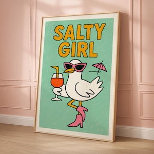 Salty Girl Seagull Art Print – Retro Coastal Wall Decor, Zabawny plakat Beach-House, Dziewczęca sypialnia w stylu oceanu do wydrukowania • Natychmiastowe pobranie cyfrowe