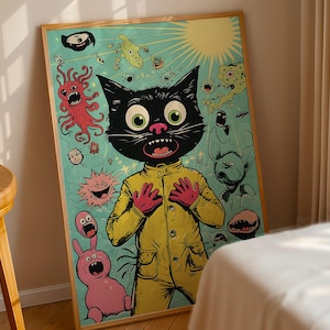 サイケデリックな猫のプリント トリッピーなシュールなウォールアート レトロホラー漫画ポスター 奇妙な美的印刷可能なオルタナティブアート 不気味でかわいい装飾