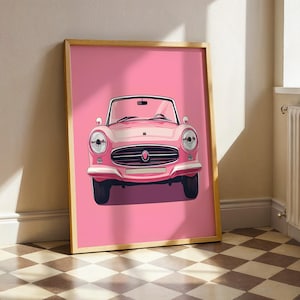 Różowy plakat retro samochód zabytkowy kabriolet sztuka dziewczęca dekoracja ścienna pojazd z połowy wieku wydruk kobiecy auto ilustracja cyfrowe pobieranie JPG