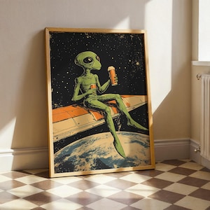 Retro Alien Drinking Beer Print Funny Space Poster Vintage Sci Fi Wall Art Digital Download Cosmic Humor Decor Gift For UFO Lovers SciFi Fan