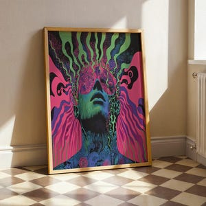 Trippy Psychedelic Gesicht Druck surreale digitale Wandkunst optische Täuschung Poster Neon abstrakte Visionäre Kunstwerk druckbare Sofort Download