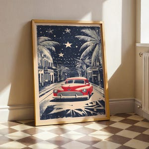 Vintage Havana Car Poster Retro Cuba Wall Art Night Drive Illustration Cuban Decor Mid Century Travel Print Digital Download JPG Artwork