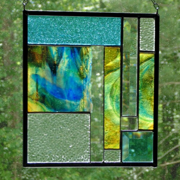 Stained glass abstract suncatcher panel, multi color, contemporary art, ooak glass panel, window decor, modern colorful home decor