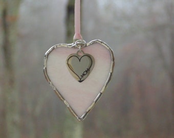 I Love Mom, pink stained glass suncatcher, mini heart ornament, Mom birthday gift