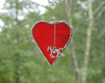 I love horses, stained glass mini red heart suncatcher ornament, equestrian gift