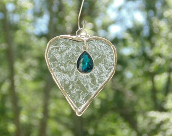 December birthstone turquoise charm, stained glass mini heart suncatcher ornament