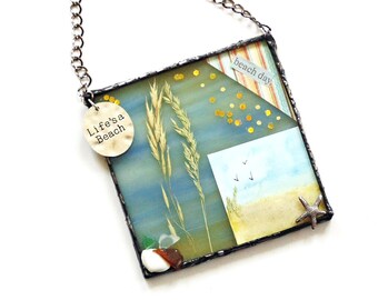 Mixed media beach day mini wall art, stained glass framed Life is a Beach, summer decor