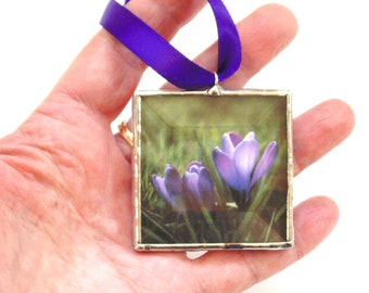 Crocus flower framed in stained glass, mini wall art gift for mom