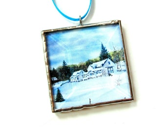 Winter snow scene ornament, stained glass small wall art, Christmas gift for her