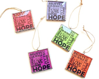 Inspirational art word ornament, positive influence, Inspire Love Peace Dream Hope, motivational gift, customize color