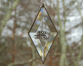 Merry Christmas ornament, stained glass bevel glass prism suncatcher, window decoration