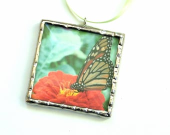 Monarch butterfly & Zinnia flower framed in stained glass, small space art ornament gift