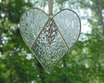 Stained glass textured heart suncatcher,  condolence gift, thinking of you, Anniversary love