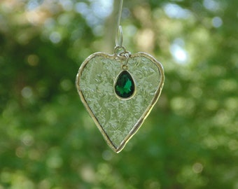 May birthstone birthday gift, Emerald green charm, stained glass mini heart suncatcher, Christmas ornament