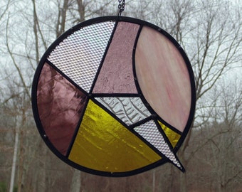 Abstract stained glass suncatcher panel, mid century modern, iridescent textured glass, window decoration