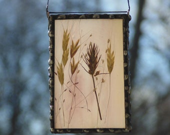 Pressed flowers framed in stained glass, mini wall art ornament, cottagecore decor