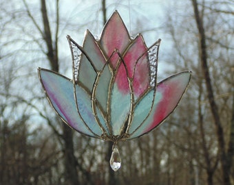 Stained glass lotus suncatcher, blue and berry flower gift