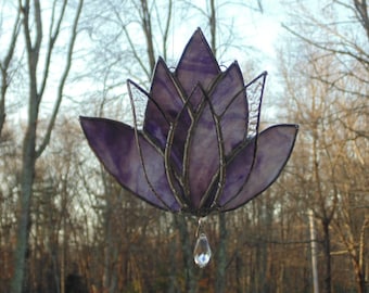 Stained glass purple lotus suncatcher, boho window hanging