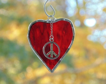 Peace Love, stained glass red mini heart suncatcher ornament, boho gift