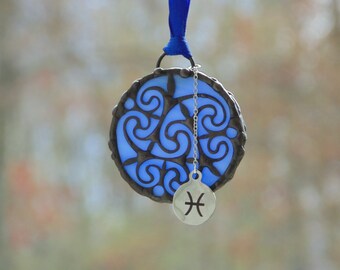 Pisces Zodiac fish sign, stained glass Astrological suncatcher ornament