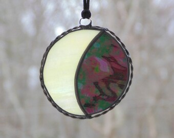 Crescent moon eclipse, stained glass suncatcher ornament, iridescent glass, celestial art