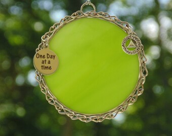 Alcoholics Anonymous recovery suncatcher, stained glass sobriety gift, lime green