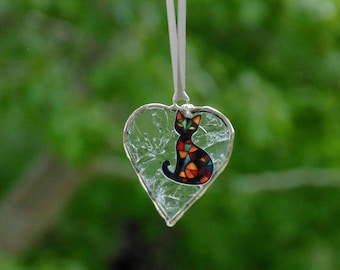 Stained glass heart suncatcher with tiffany style cat charm