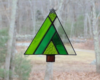 Christmas tree stained glass suncatcher, patchwork abstract Xmas tree