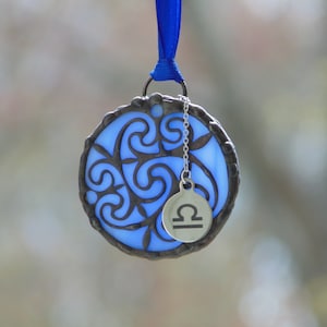 Libra Zodiac suncatcher, wispy blue stained glass with silver charm, Christmas ornament, astrological sign
