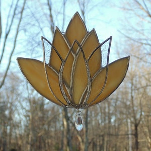 Stained glass lotus flower suncatcher, yellow golden iridescent, 8 petal boho window decoration image 1