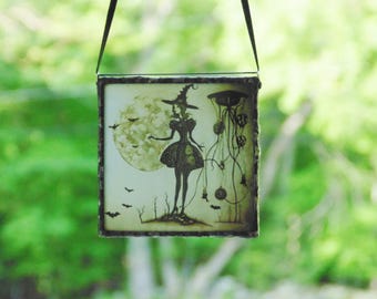 Whimsical witch girl photo, stained glass goth ornament