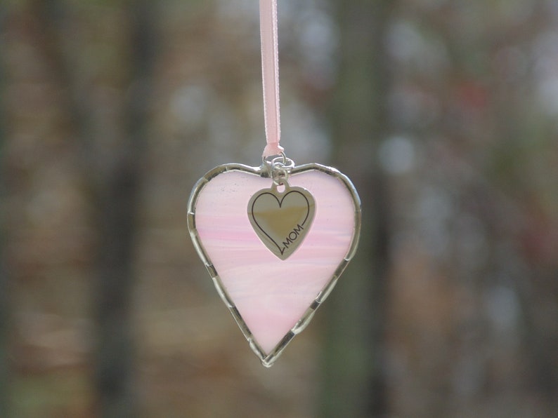 I Love Mom, pink stained glass suncatcher, mini heart ornament, Mom birthday gift image 9