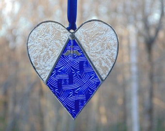 Sympathy heart, textured Celtic knot sapphire blue stained glass with beaded angel