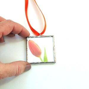 Tulip flower stained glass ornament, mini wall art, home decoration, stained glass image 5