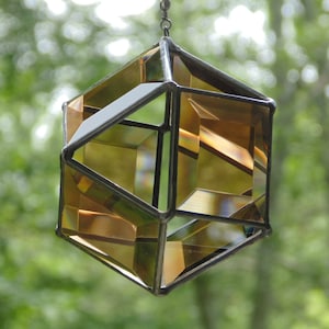 3-D hanging orb prism, glass bronze bevel, stained glass suncatcher, geometric